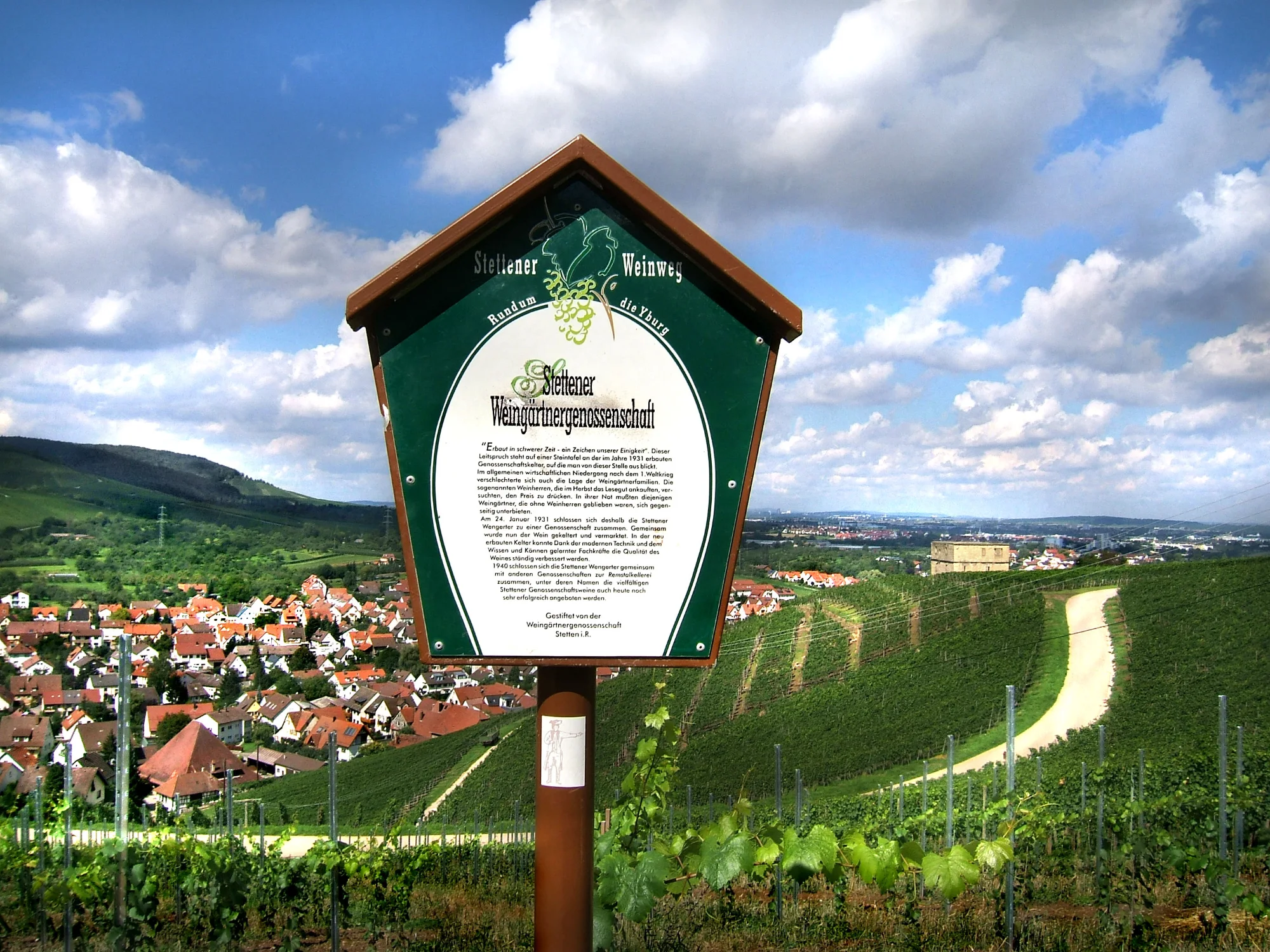 Schild am Weinweg in den Weinbergen oberhalb von Stetten, Blick auf Stetten, die Y-Burg und das Remstal