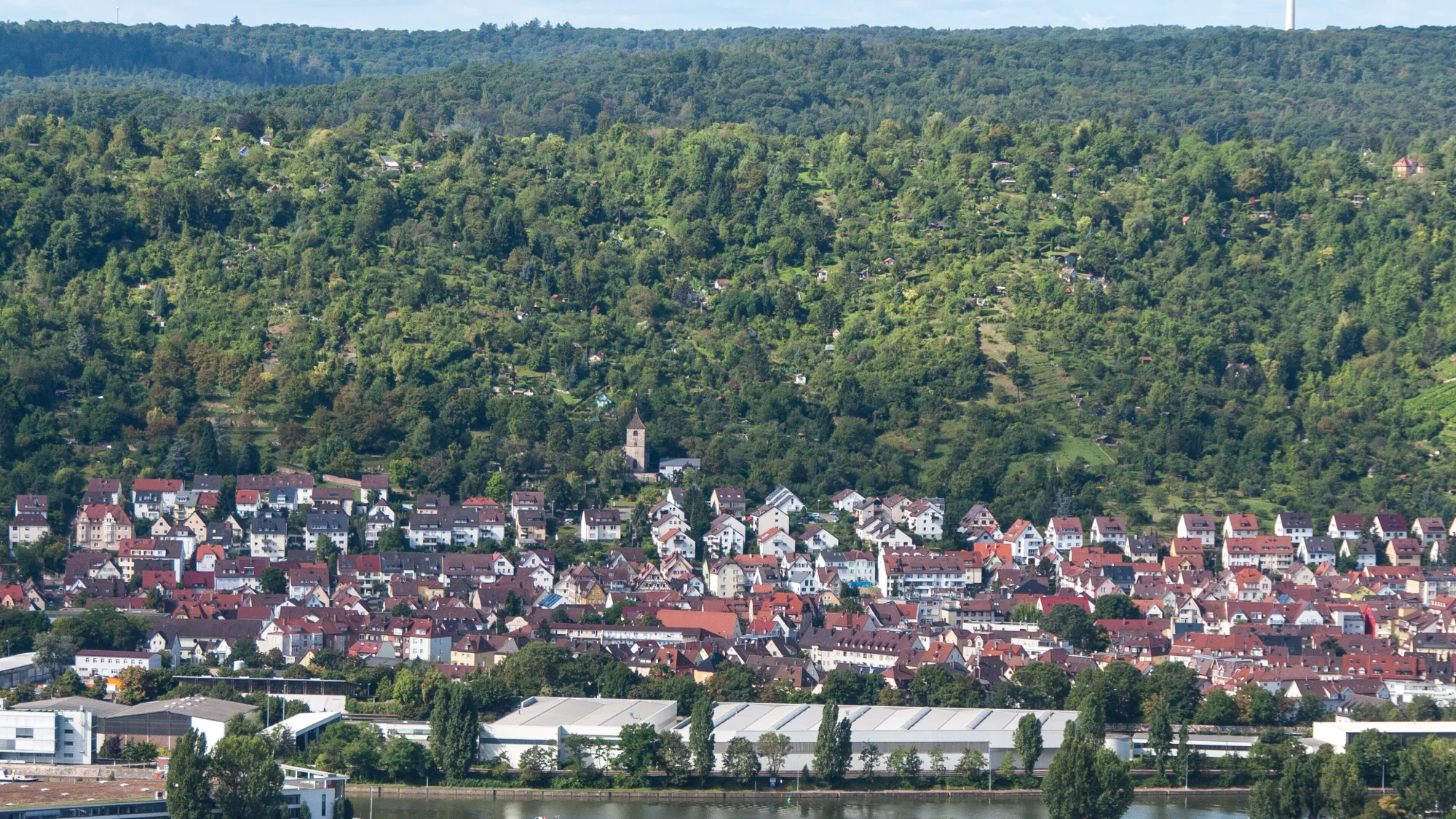 in the foreground the Neckar, then the Neckar suburb of Stuttgart-Wangen, behind it the Wangener Höhe (north slope) with allotments